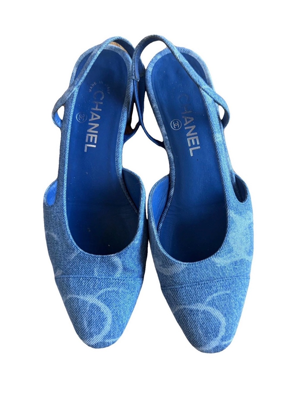 CHANEL Logo Iconic Denim Classic Slingback Mules in Navy EU 38